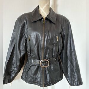 DI CAPRA | Vtg 80s Black Leather Moto Belted Jacket Cinched Waist - Medium